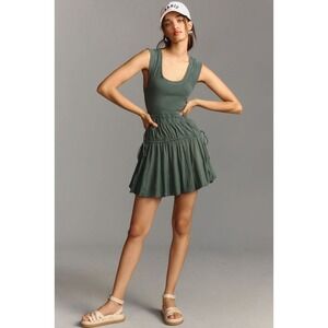 NWT Anthropologie Daily Practice Summer Bubble Mini Dress moss Green Ribbed L